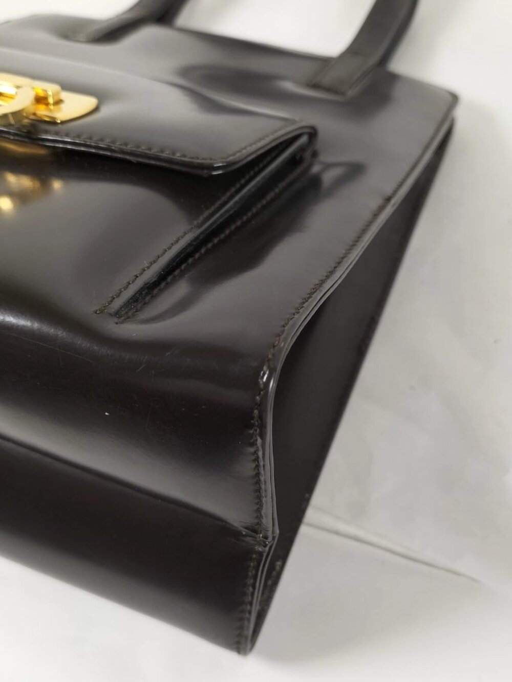 Salvatore Ferragamo Gancini Gold Hardware Double Top Handle Bag Dark Brown - Picture 8 of 10